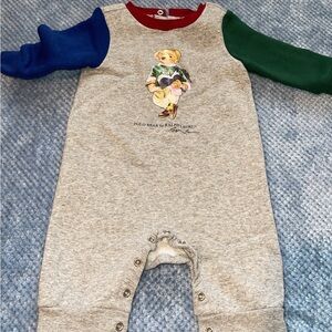 Ralph Lauren Gray Onesie with Bear and Red Trim